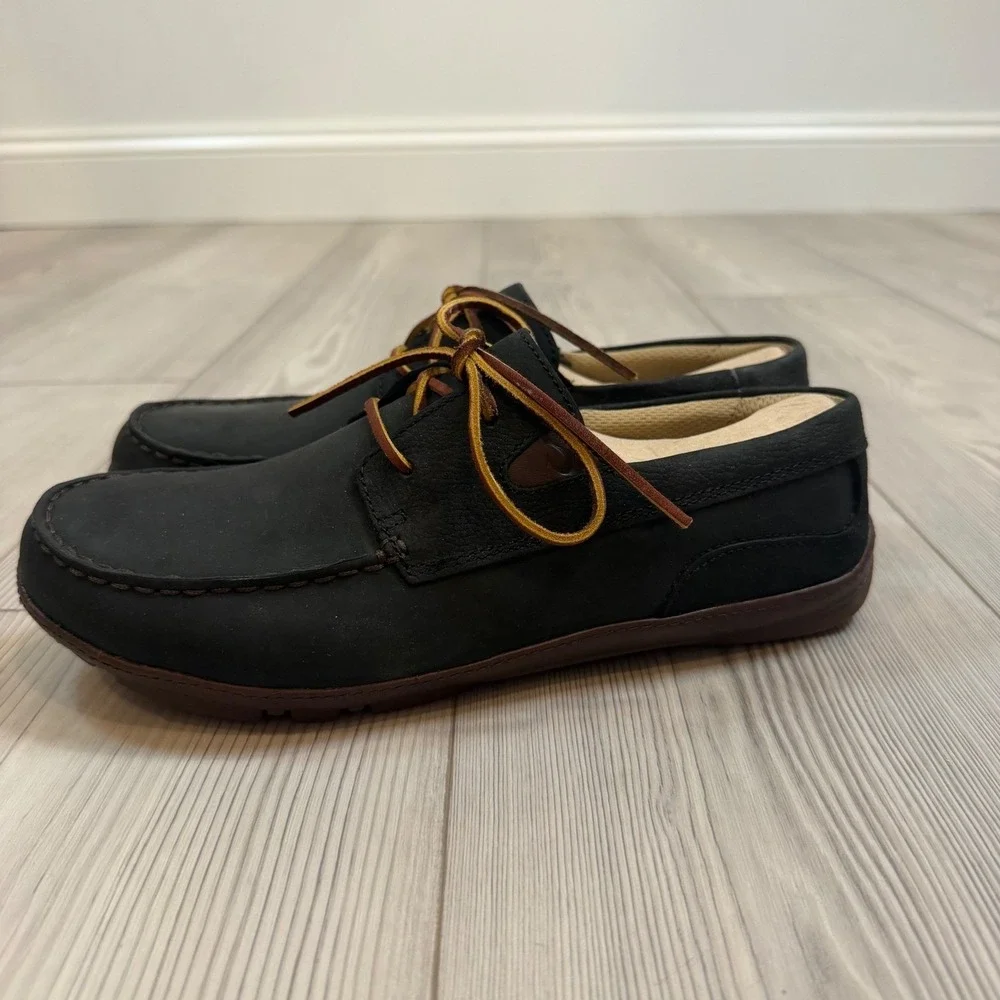 NEW OluKai Mano Black Kona Coffee Waterproof Leather Boat Shoes Mens 10